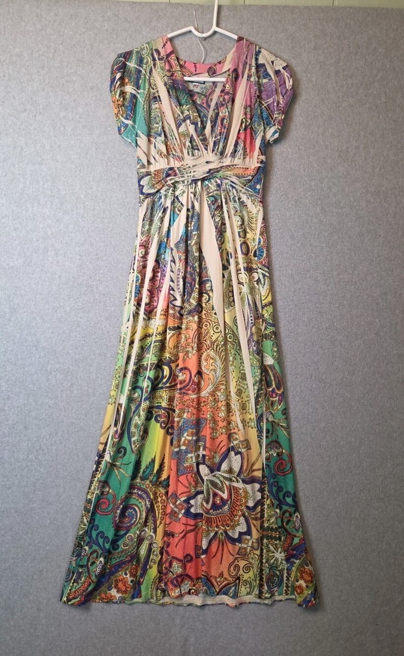 Believe Multicolor Paisley Print SS Empire Waist Maxi Dress Size Medium Stretch